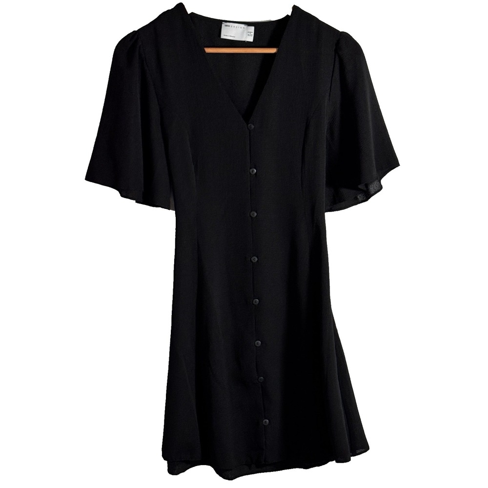ASOS‎ Dress Women's 8 Button Up Drawstring Waist Midi Short Sleeve Stretch Black